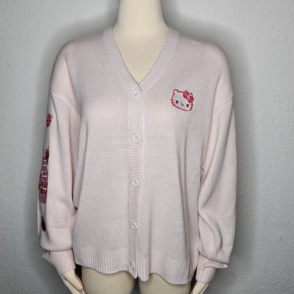 Hello Kitty Sanrio Strawberry Milk Cardigan Sweater Pink Large NWT Hot Topic - Picture 1 of 8